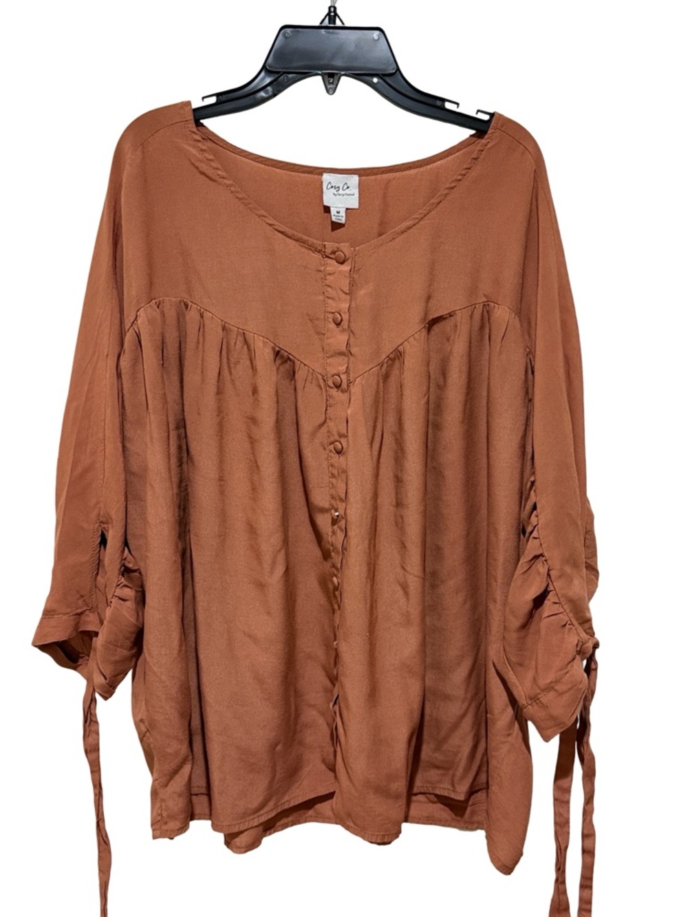Balloon, boho, peasant style blouse, Cozy Casual Brown Button-Front size M